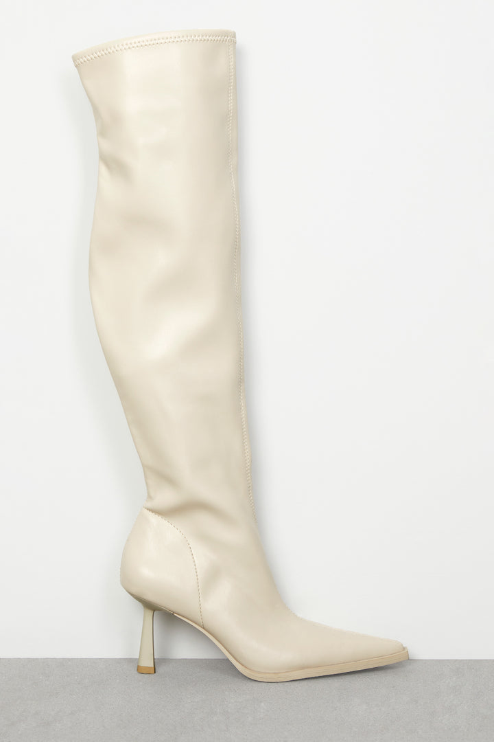 POINTED KNEE HIGH BOOTS in Oatmeal — alternate angle
