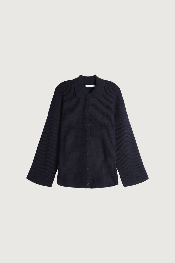 COLLARED RIB-KNIT CARDIGAN in Black — alternate angle