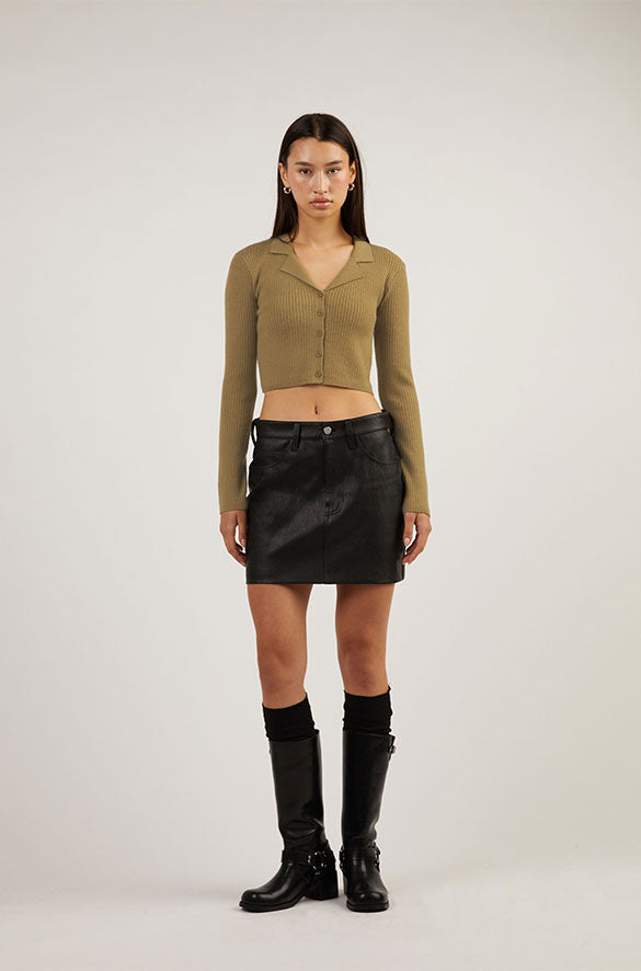 CROPPED COLLARED RIB-KNIT CARDIGAN in Mossy Green — alternate angle