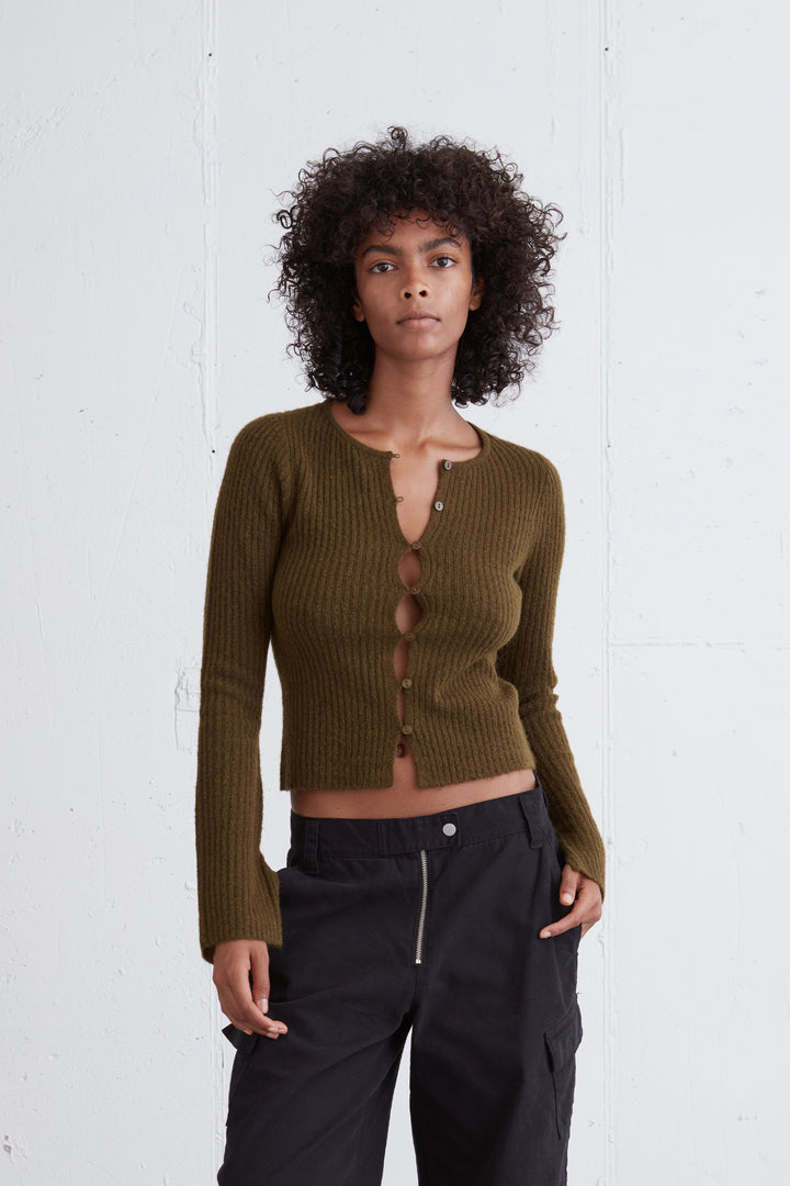 RIBBED BUTTON FRONT CARDIGAN in Army Green — alternate angle