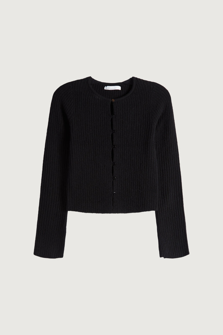 RIBBED BUTTON FRONT CARDIGAN in Black — alternate angle