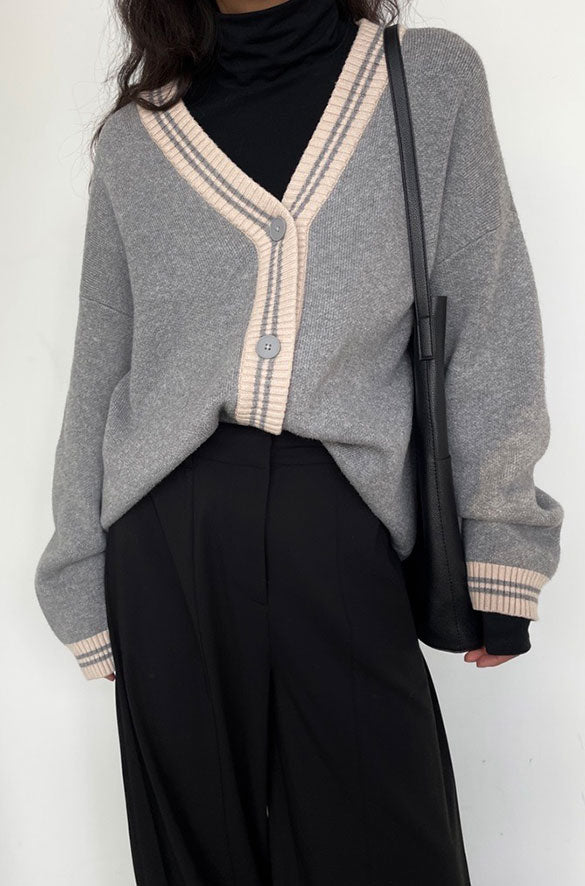 OVERSIZED VARSITY BUTTON UP CARDIGAN in MEDIUM HEATHER GREY BIRCH — alternate angle