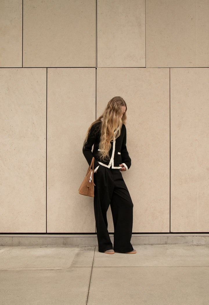 CONTRAST TRIM BUTTON UP CARDIGAN in Cream Black — alternate angle