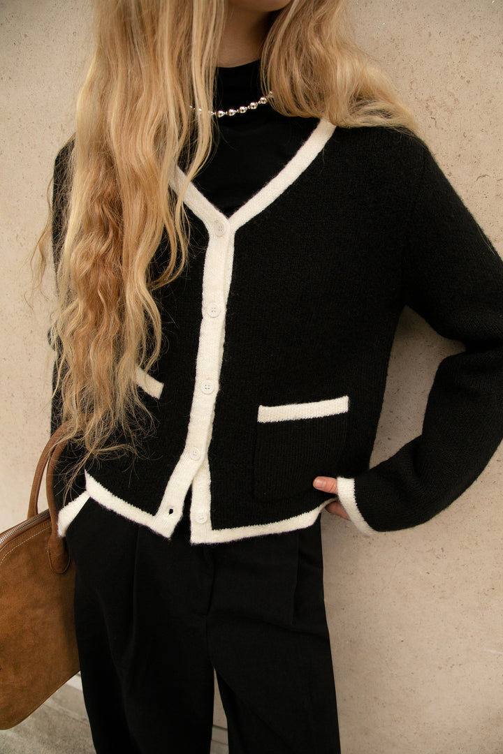 CONTRAST TRIM BUTTON UP CARDIGAN in Cream Black — alternate angle