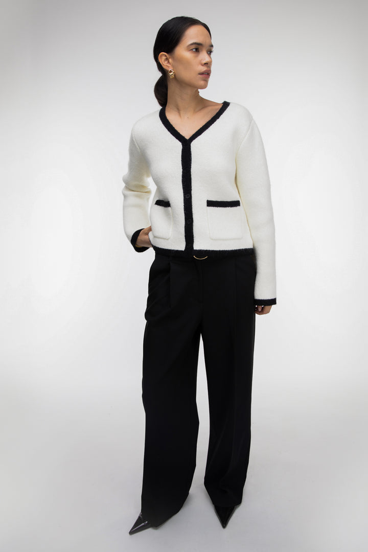 CONTRAST TRIM BUTTON UP CARDIGAN in Black Cream — alternate angle