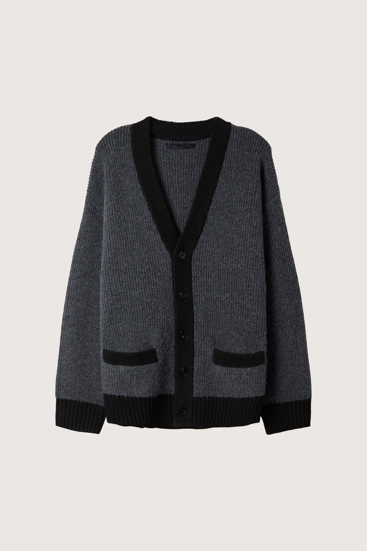 CONTRAST RIB BUTTON UP CARDIGAN in Heather Asphalt Black — alternate angle