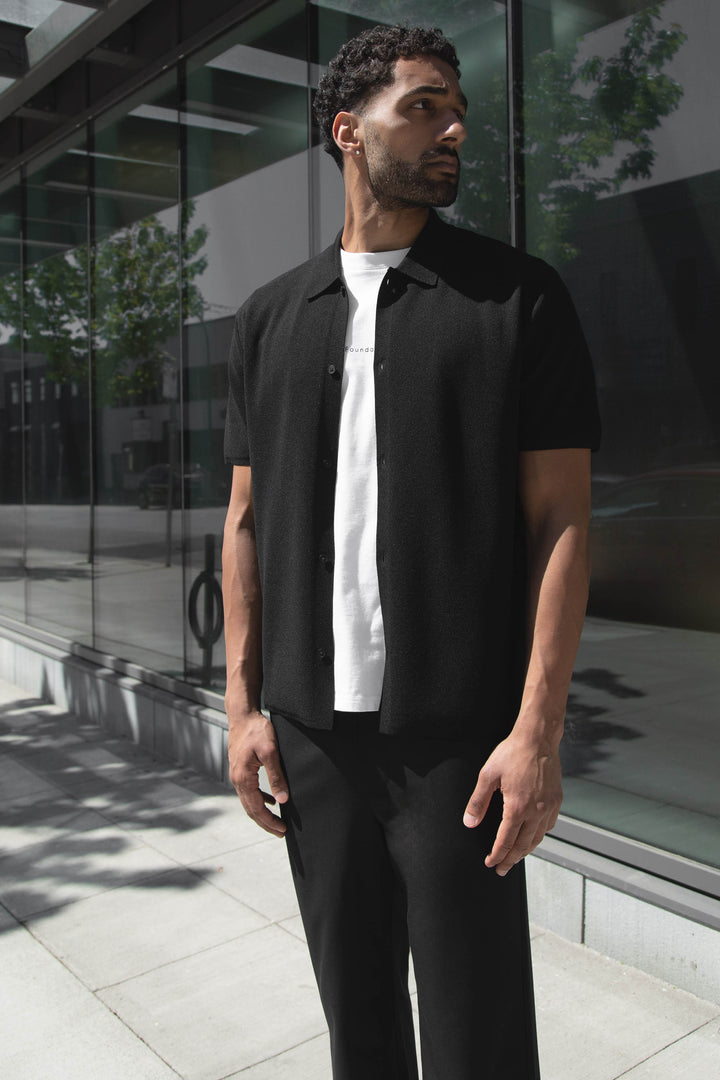 SHORT SLEEVE BUTTON UP SWEATER in Black — alternate angle