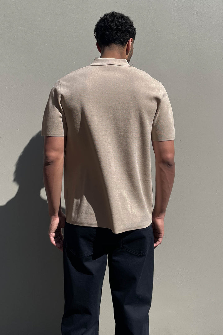 SHORT SLEEVE BUTTON UP SWEATER in Oatmeal — alternate angle