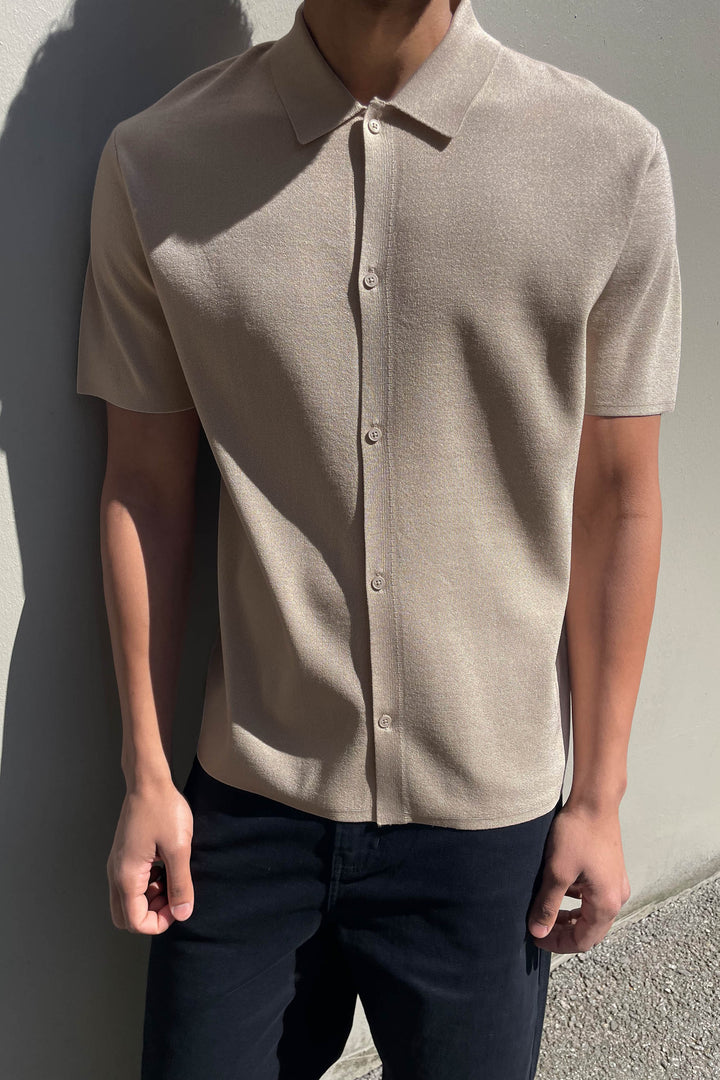 SHORT SLEEVE BUTTON UP SWEATER in Oatmeal — alternate angle