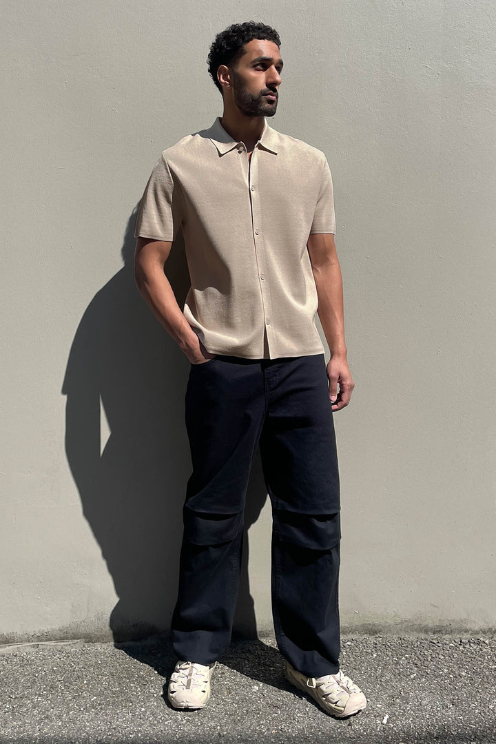 SHORT SLEEVE BUTTON UP SWEATER in Oatmeal — alternate angle