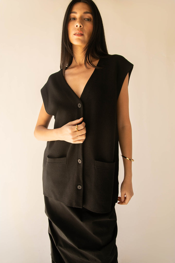 BUTTON FRONT SWEATER VEST in Black — alternate angle