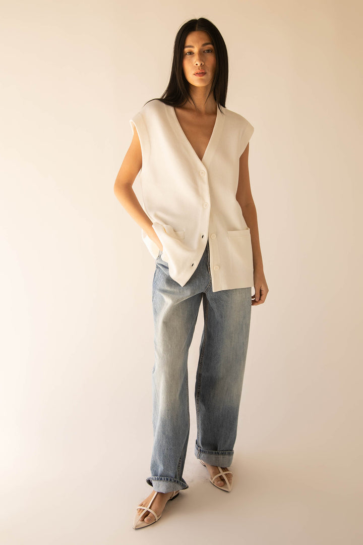 BUTTON FRONT SWEATER VEST in Cream — alternate angle