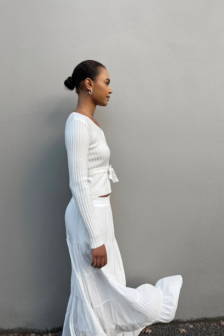 RIBBED CARDIGAN WITH TIE in White — alternate angle