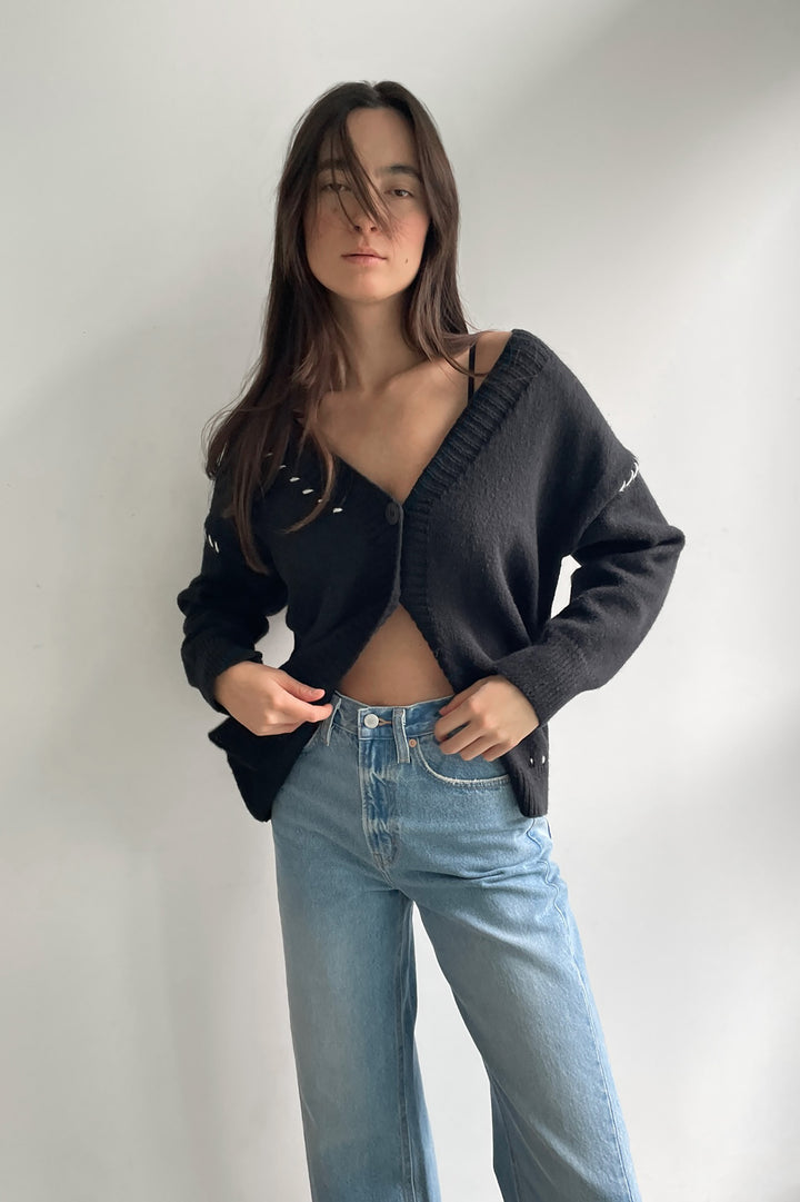 CONTRAST STITCH CARDIGAN in Black — alternate angle