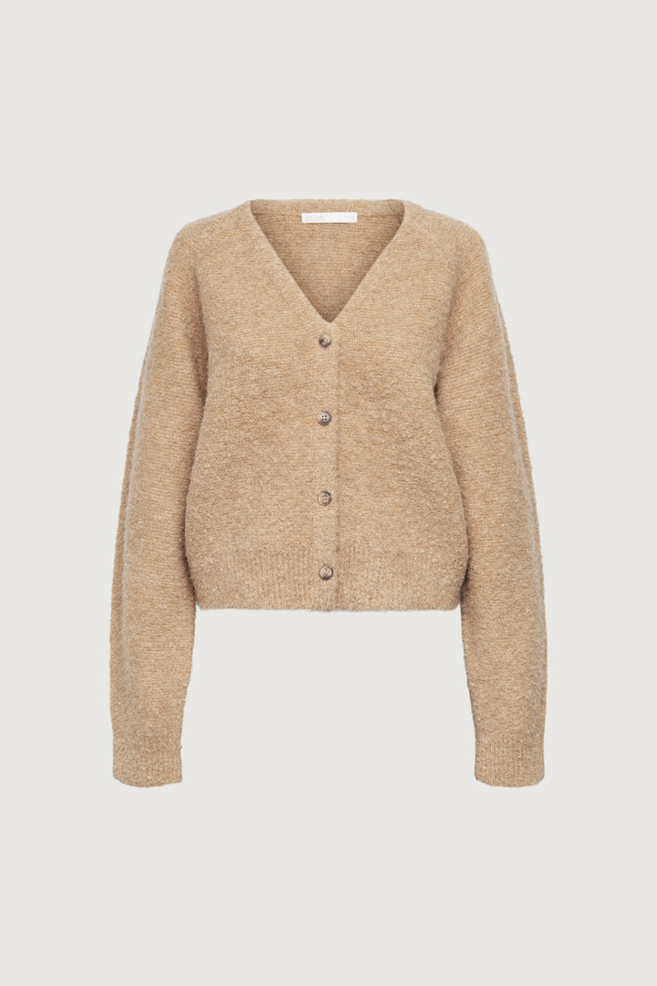 BOUCLE KNIT BUTTON FRONT CARDIGAN in Brown Sugar — alternate angle