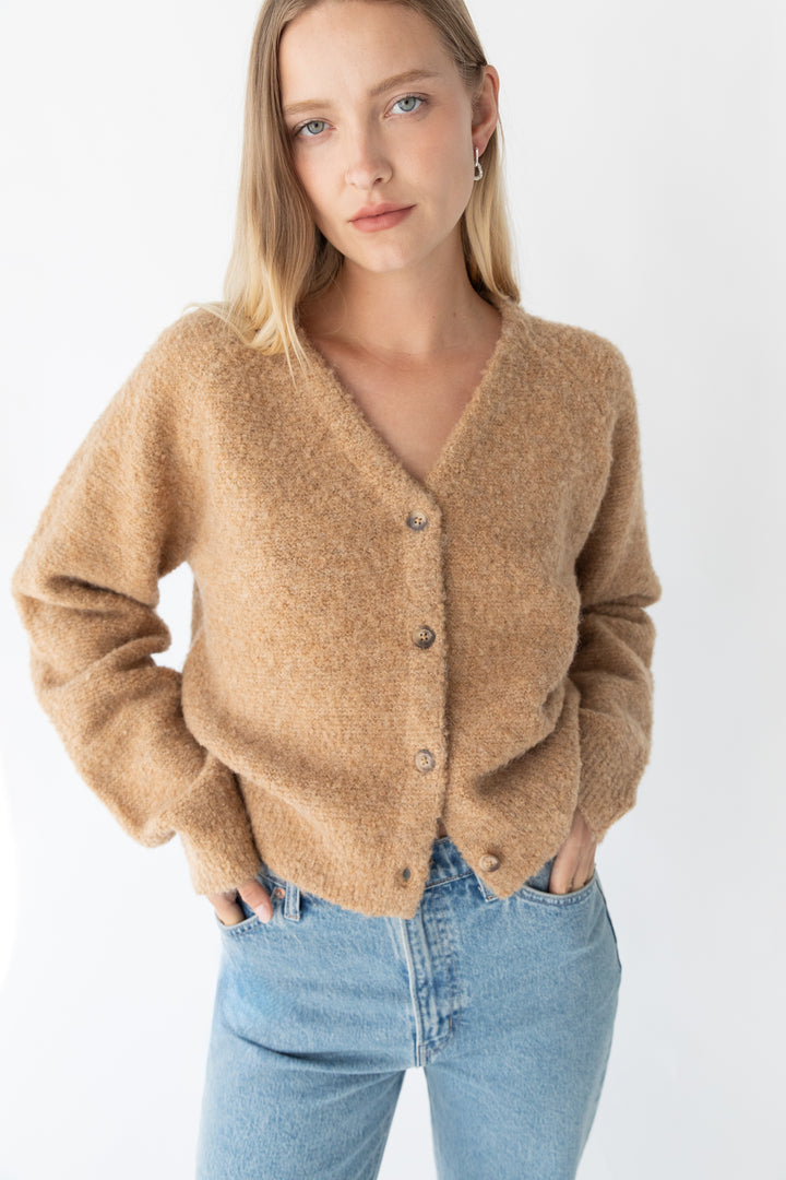 BOUCLE KNIT BUTTON FRONT CARDIGAN in Brown Sugar — alternate angle
