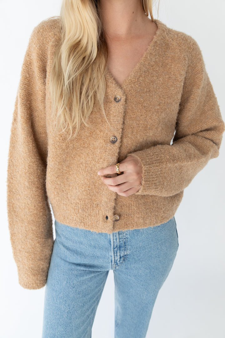 BOUCLE KNIT BUTTON FRONT CARDIGAN in Brown Sugar — alternate angle