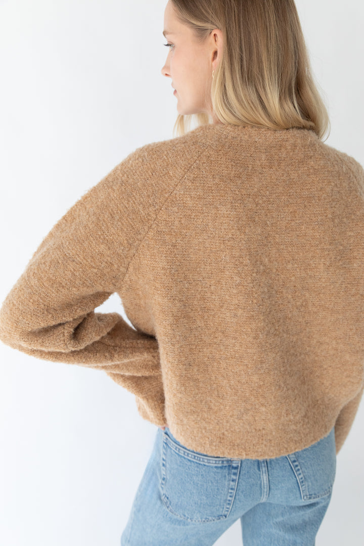 BOUCLE KNIT BUTTON FRONT CARDIGAN in Brown Sugar — alternate angle