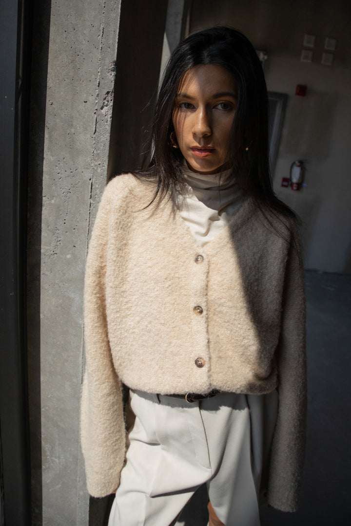 BOUCLE KNIT BUTTON FRONT CARDIGAN in Fog — alternate angle