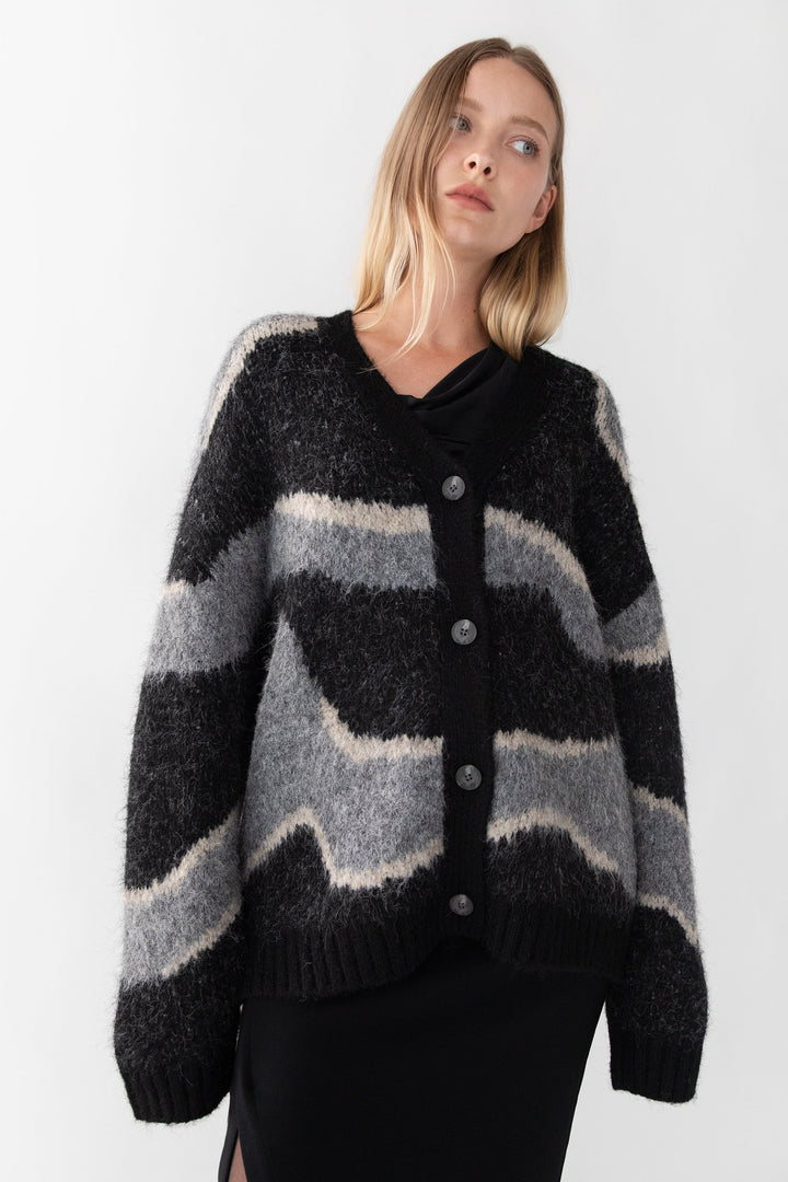 INTARSIA KNIT CARDIGAN in Black Intarsia — alternate angle