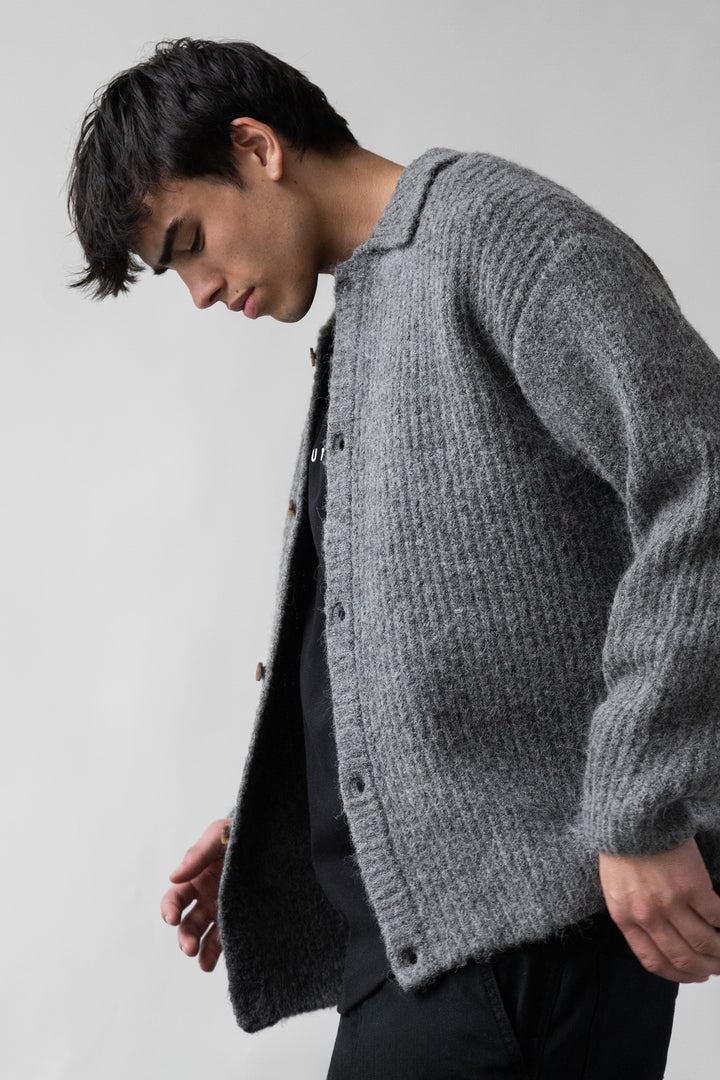 RIB-KNIT COLLARED CARDIGAN in GARGOYLE — alternate angle