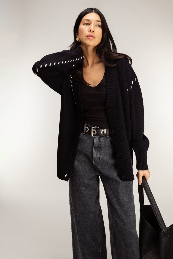CONTRAST STITCH DETAIL BUTTON FRONT CARDIGAN in Black Cream — alternate angle