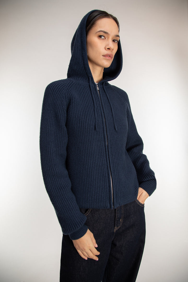 KNIT ZIP-UP HOODIE in Navy Blazer — alternate angle