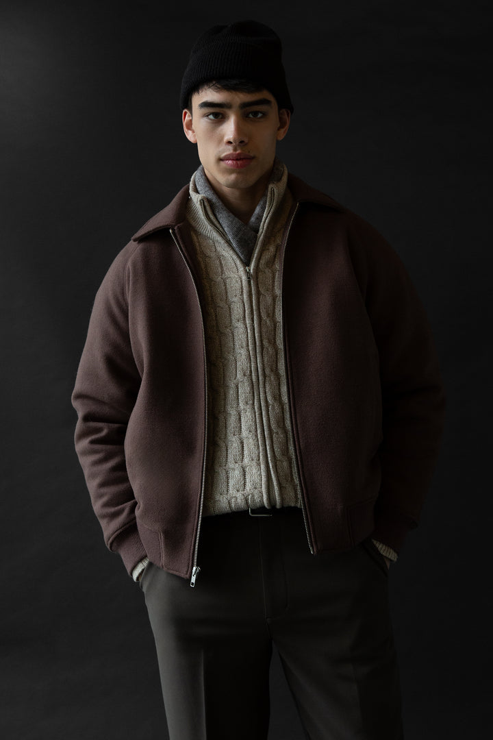 CABLE KNIT ZIP-UP CARDIGAN in Simply Taupe — alternate angle