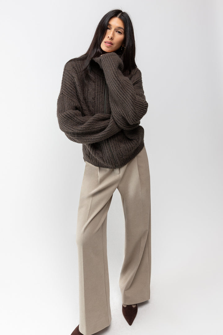 CABLE KNIT COLLARED CARDIGAN in Turkish Coffee — alternate angle