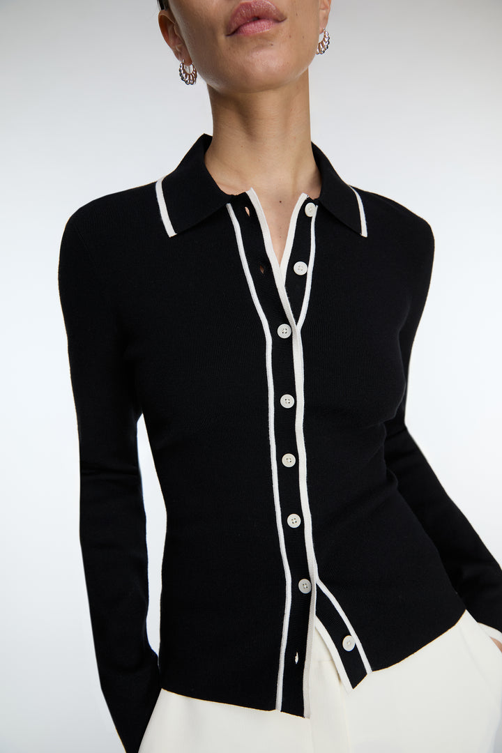 CONTRAST TRIM BUTTON FRONT COLLARED CARDIGAN in Black Cream — alternate angle