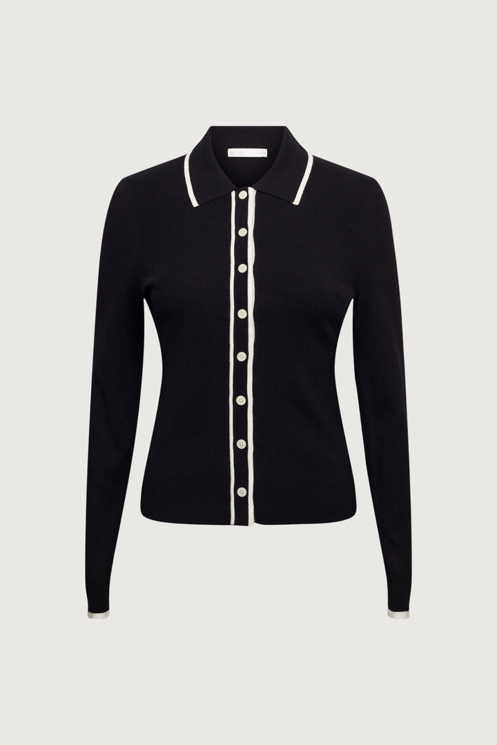 CONTRAST TRIM BUTTON FRONT COLLARED CARDIGAN in Cream Black — alternate angle