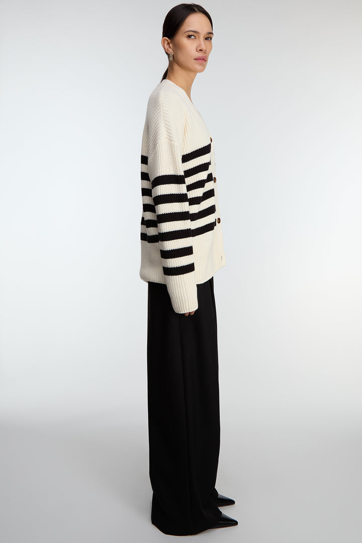 STRIPED BUTTON FRONT CARDIGAN in Cream Black — alternate angle