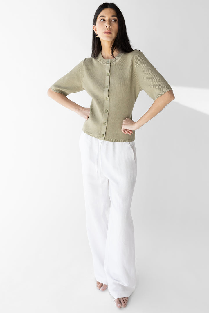 QUARTER LENGTH SLEEVE BUTTON FRONT CARDIGAN in Tea — alternate angle