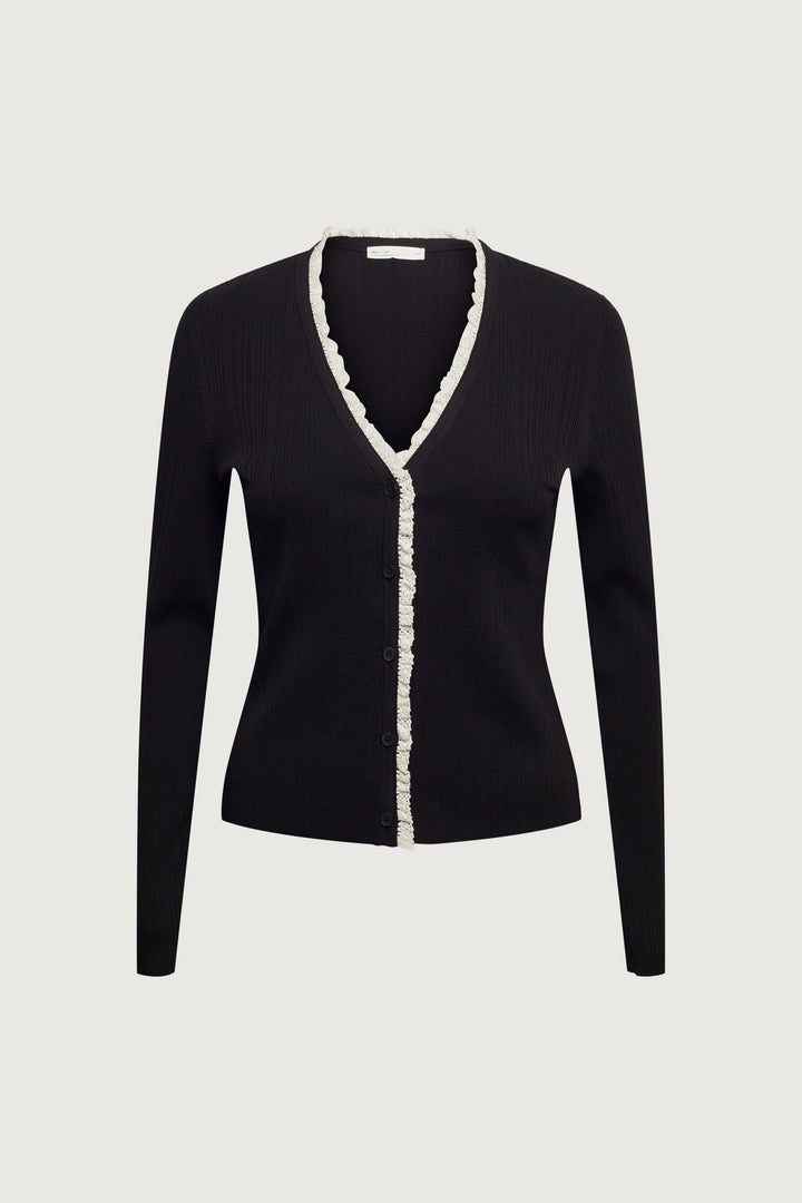LACE TRIM BUTTON FRONT CARDIGAN in Black — alternate angle