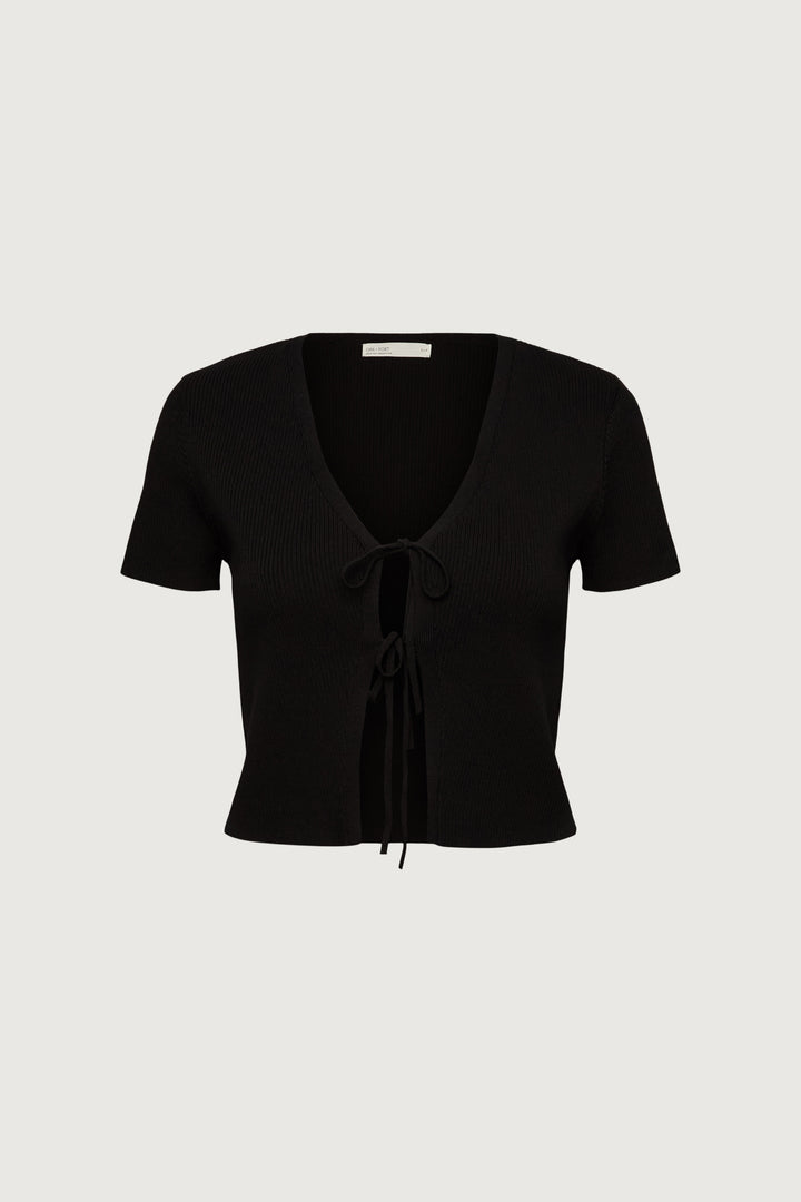 CROPPED SHORT SLEEVE SWEATER WITH OPEN FRONT TIES in Black — alternate angle
