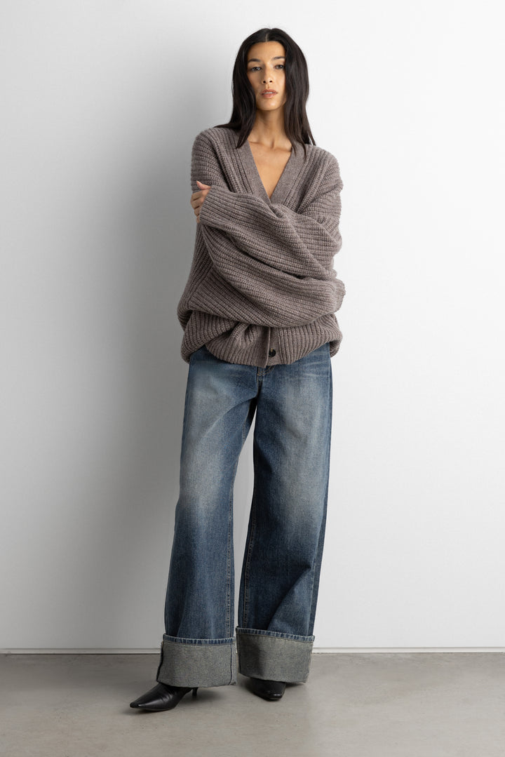 OVERSIZED SLOUCHY WOOL CARDIGAN in Heather Taupe — alternate angle