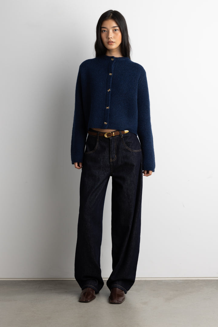 BOW BUTTON FRONT WOOL-BLEND CARDIGAN in Navy Blue — alternate angle