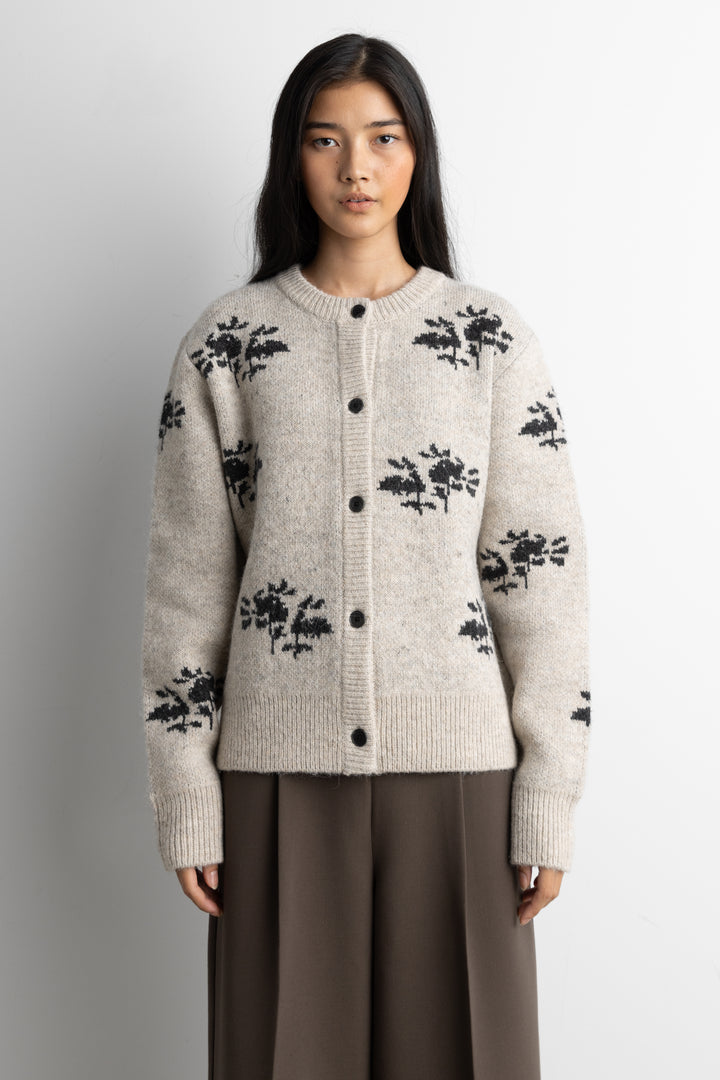 FLORAL JACQUARD WOOL BLEND CARDIGAN in Light Heather Oatmeal — alternate angle