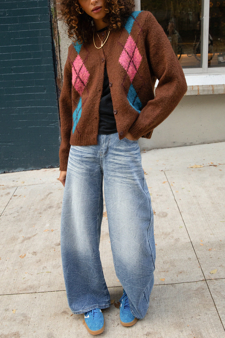 WOOL-BLEND ARGYLE PATTERN CARDIGAN in Brown Print — alternate angle