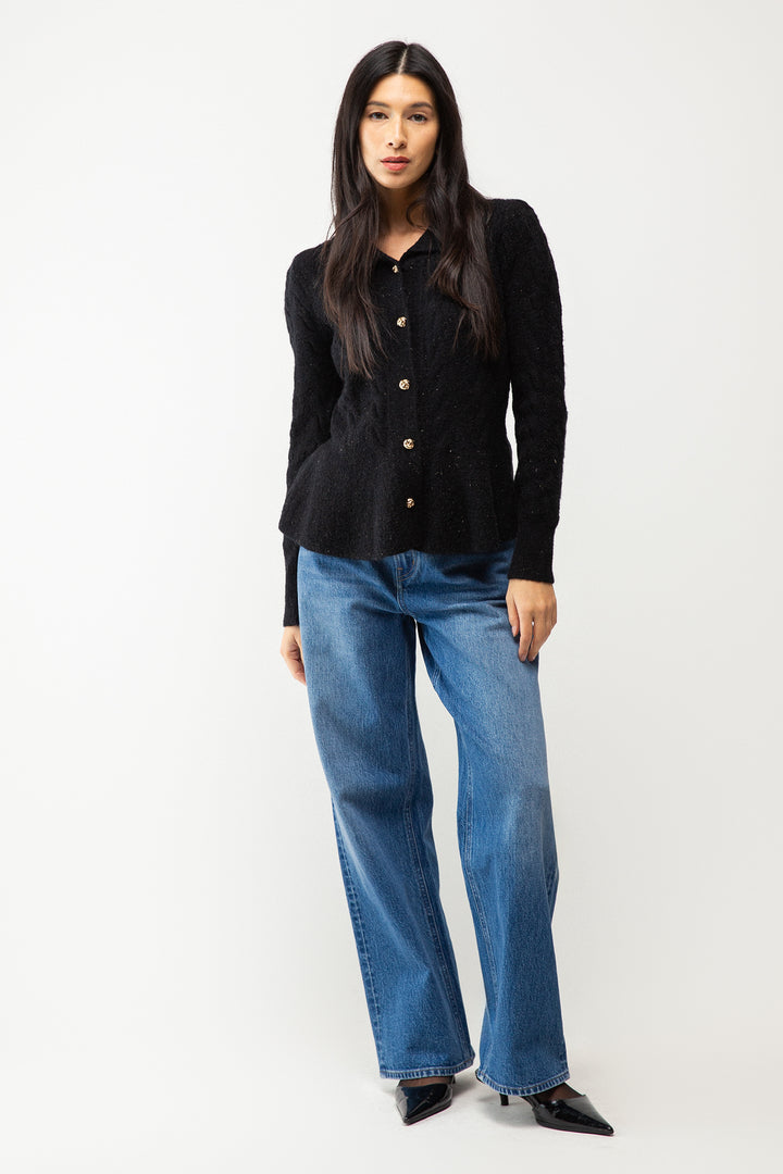 COLLARED CABLE KNIT CARDIGAN in Black — alternate angle