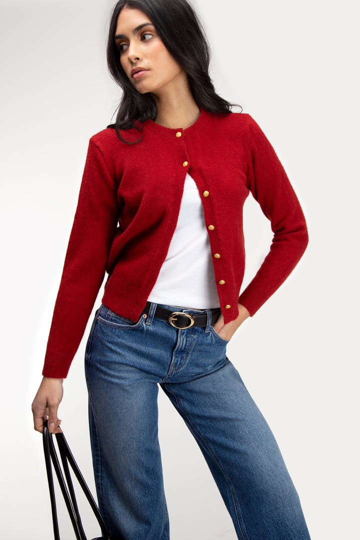 GOLD BUTTON CARDIGAN in Red — alternate angle