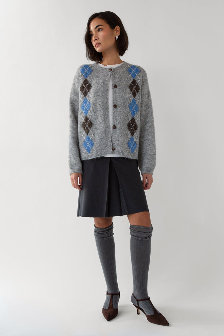 ARGYLE PATTERN CARDIGAN in Gray Print — alternate angle