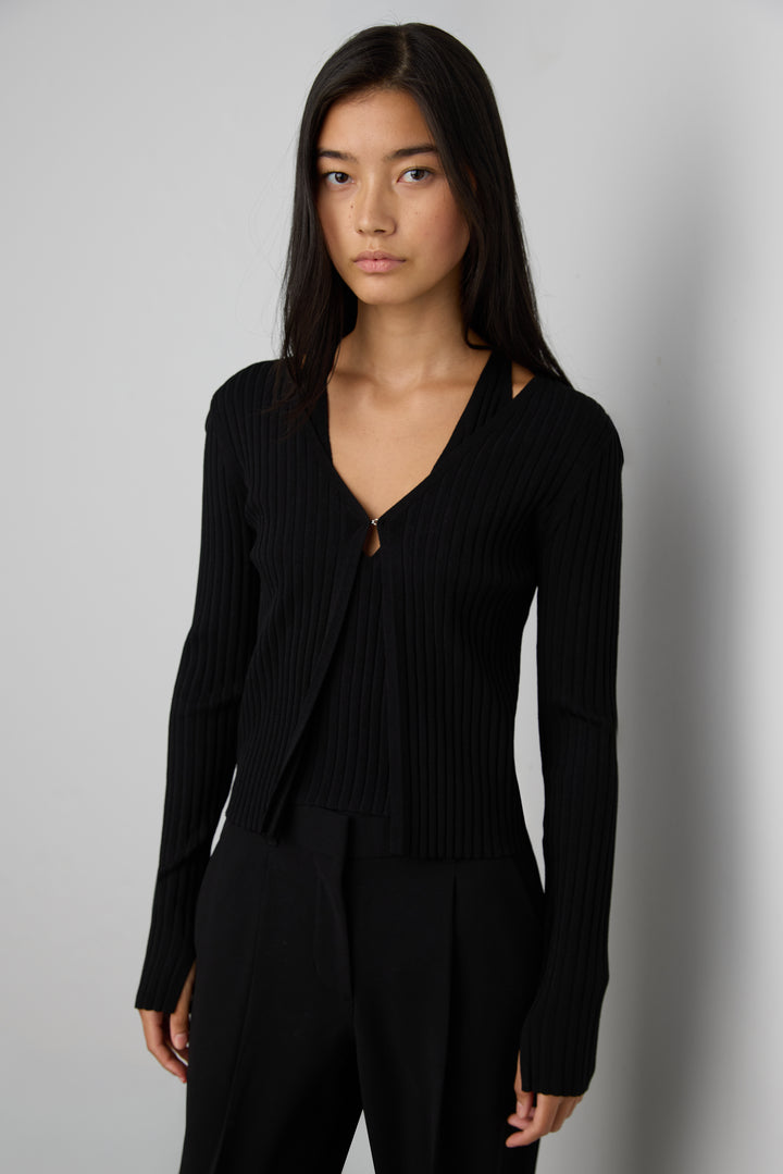 LAYERED EFFECT HALTER CARDIGAN in Black — alternate angle