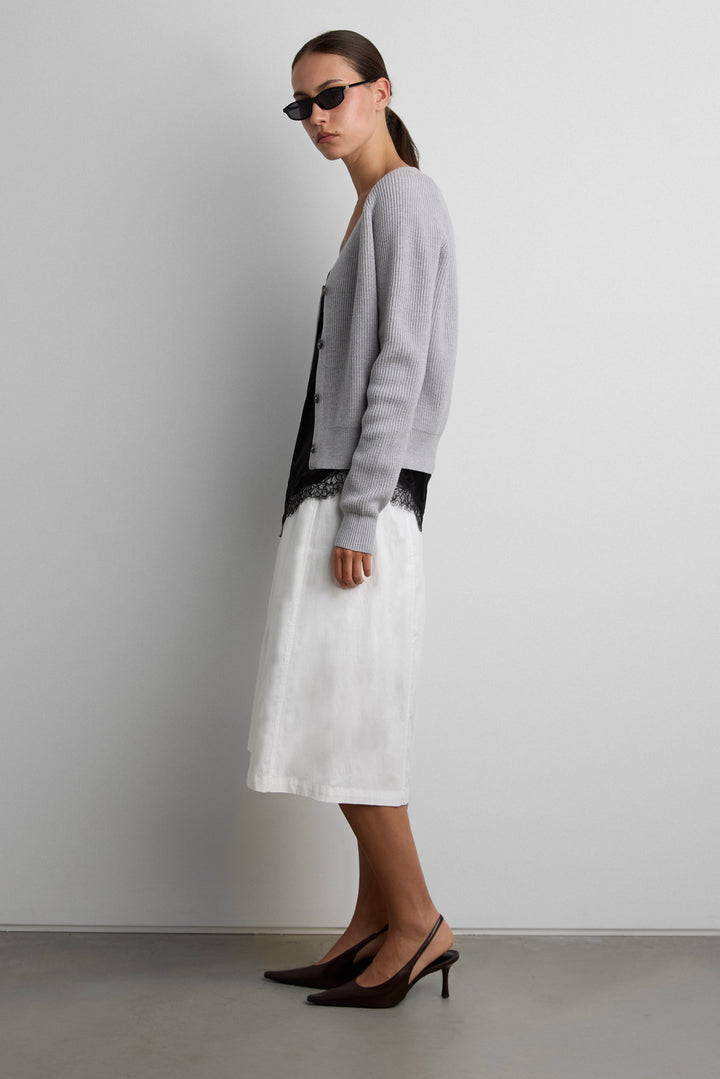 V-NECK BUTTON UP CARDIGAN in Medium Heather Grey — alternate angle