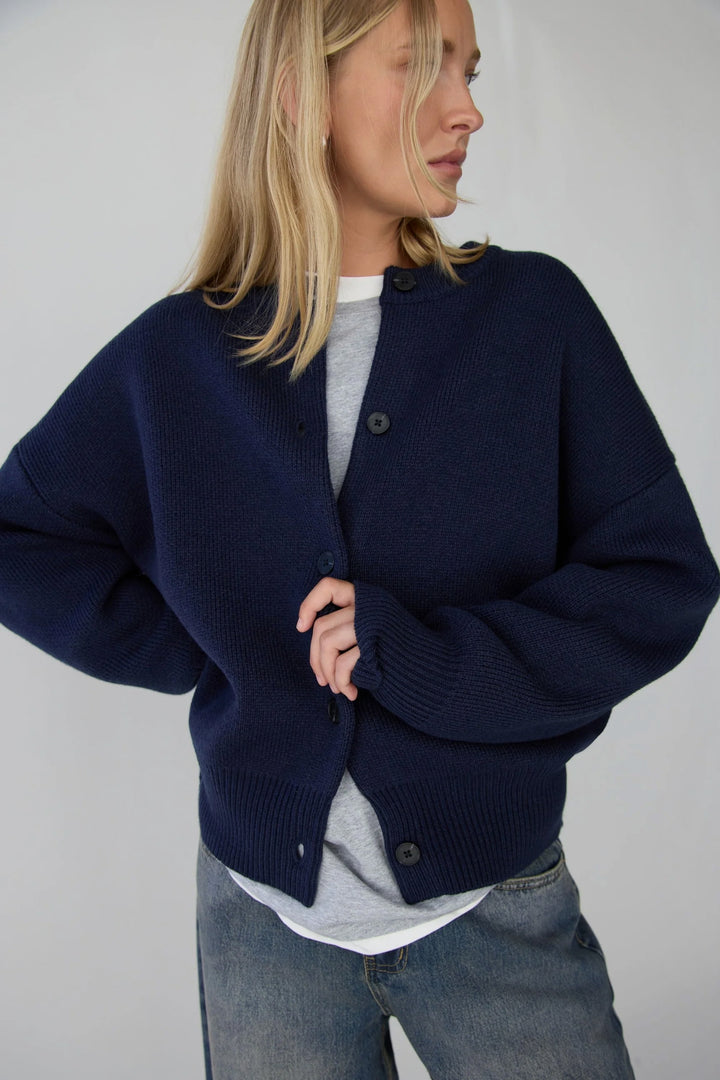 THICK KNIT BUTTON FRONT CARDIGAN in Navy Blazer — alternate angle