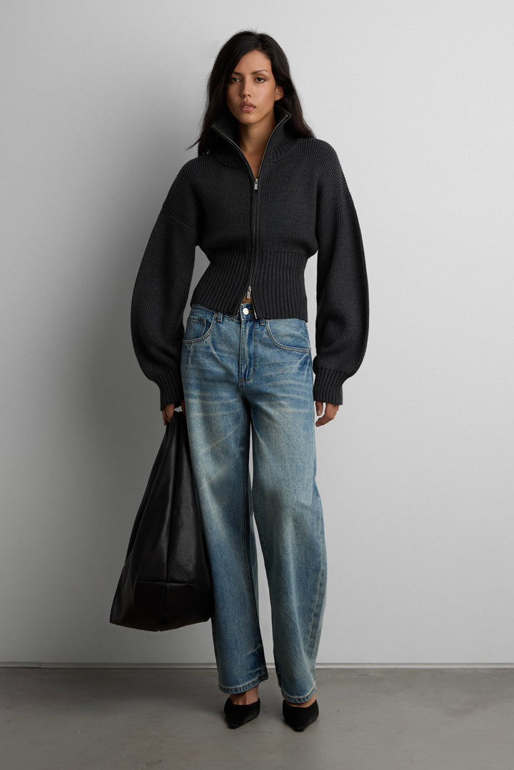 ZIP-UP MOCKNECK CARDIGAN in Charcoal — alternate angle