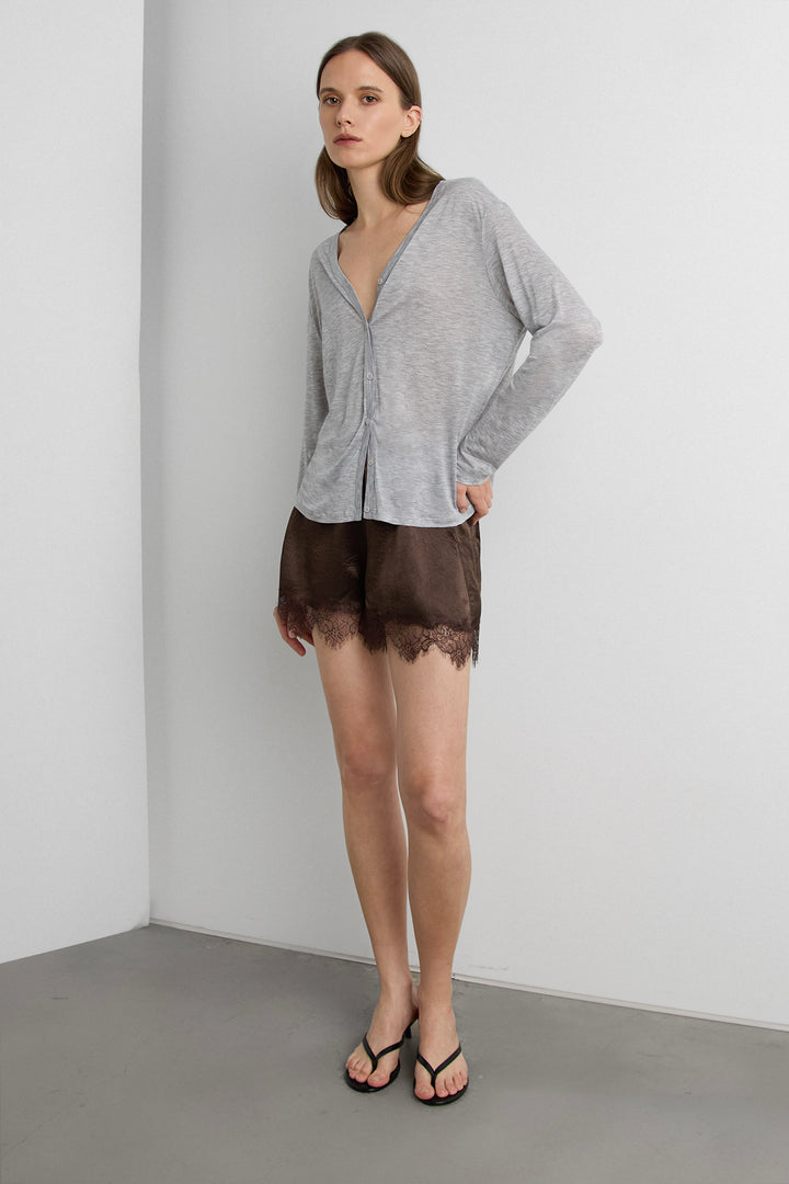 SHEER V-NECK CARDIGAN in Gray — alternate angle