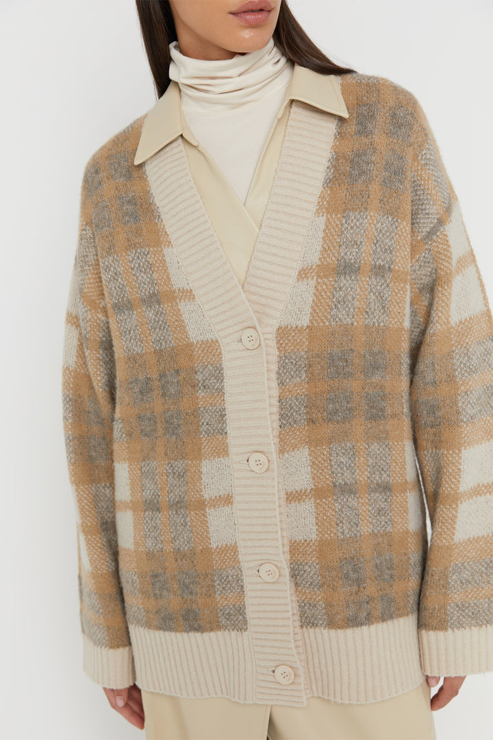 FUZZY OVERSIZED PLAID CARDIGAN in Pumice Stone Plaid — alternate angle
