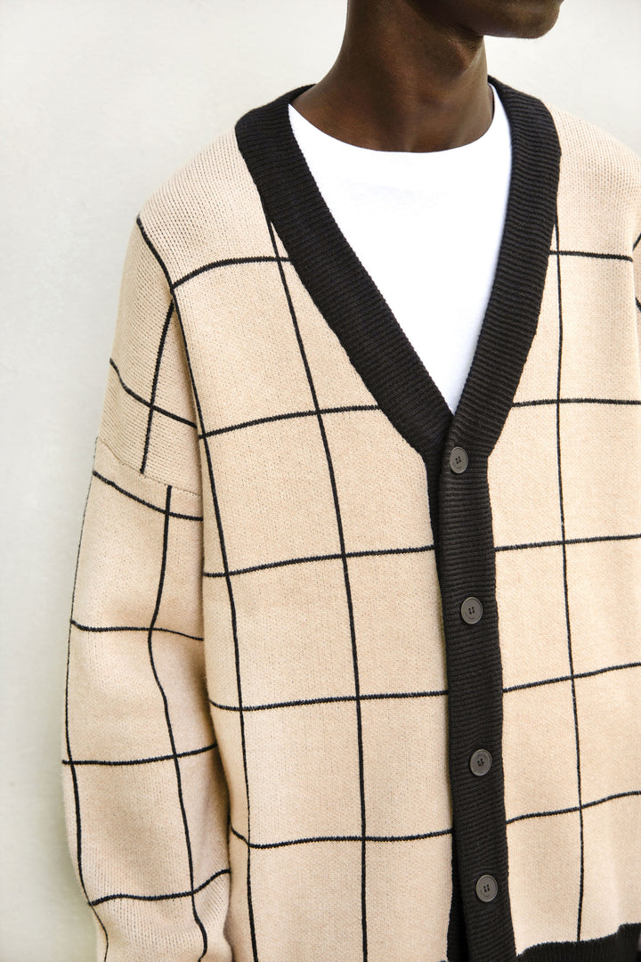 GRID CARDIGAN in Oatmeal Black Grid — alternate angle