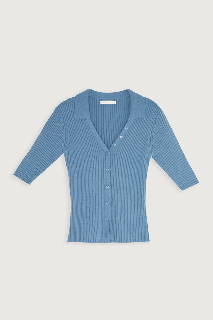 RIB-KNIT COLLARED BUTTON UP in Misty Blue — alternate angle
